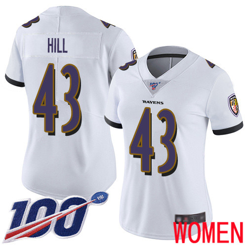 Baltimore Ravens Limited White Women Justice Hill Road Jersey NFL Football 43 100th Season Vapor Untouchable